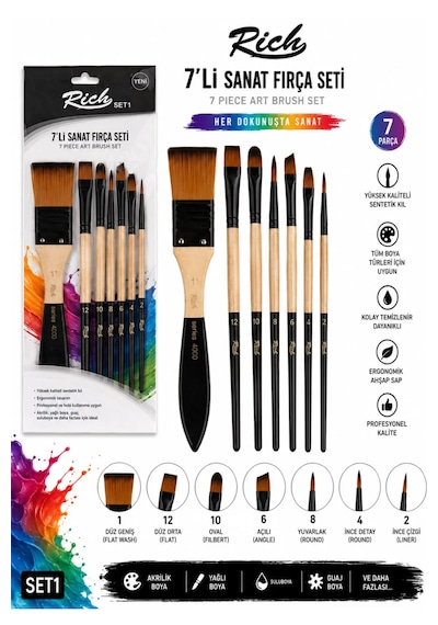 Texco Akrilik Boya Seti 12 Renk 130 Ml Canlı Renkler Rich Karma Fırça Seti 7li Set Karışık Renk
