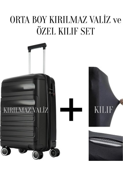 Kırılmaz Valiz Kılf Set Orta Boy Siyah Polipropilen Gövdeli 8683255012411 Siyah