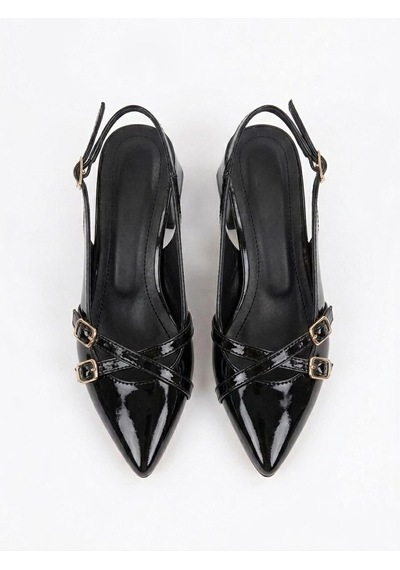 Asmi Shoes Kadın Jela Siyah Rugan 4 Cm Kısa Topuklu Tokalı Ayakkabı