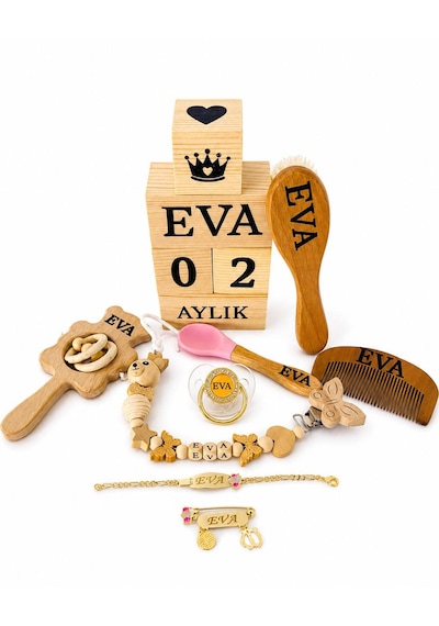 Kişiye Özel İsimli - Emzik - Emzik Askısı - Çıngırak - Tarak - Keçi Kılı Fırça - Silikon Uçlu Kaşık-anı Küpü-zilkonyum Yaka İğnesi-zilkonyum Bileklik Künye-full Ahşap Set %100 Doğal Organik Set