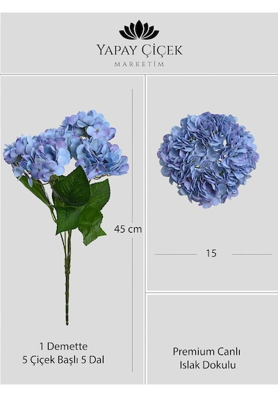Mavi Yapay Ortanca Çiçeği 5 Dallı Premium Canlı Islak Dokulu 42 Cm
