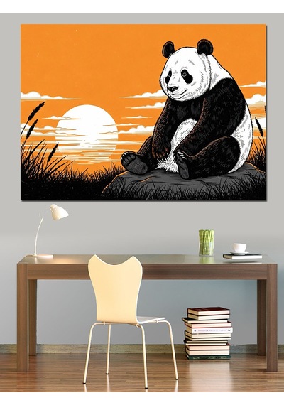 Ahşap Tablo Gün Batımında Oturan Panda Portresi