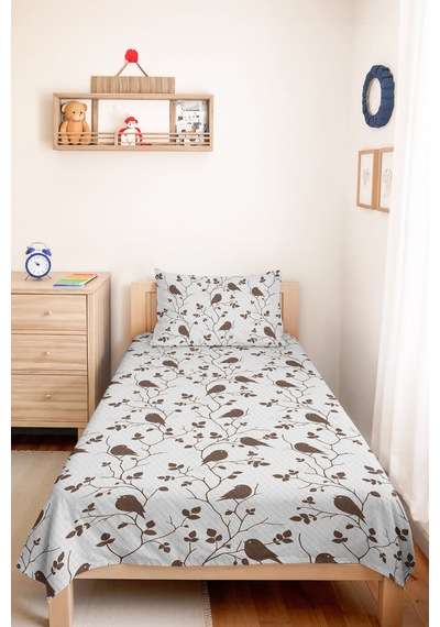 Kuşlu Bej Tek Kişilik Pike Takımı - Otantik Kahverengi Minimal 160x220 Cm Kapitone Yatak Örtüsü Şeffaf