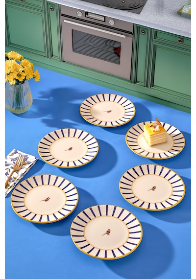 6 Lı Pasta Sunum Tabağı Seti - Modern Kuş Desen Çizgili Kek Tatlı Kurabiye Tabak Takımı Mavi - 17 Cm Pembe