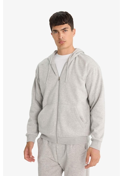 Defacto - Relax Fit Kapüşonlu İçi Yumuşak Tüylü Basic Düz Cepli Kalın Fermuarlı Sweatshirt D7599AX25SP Gri