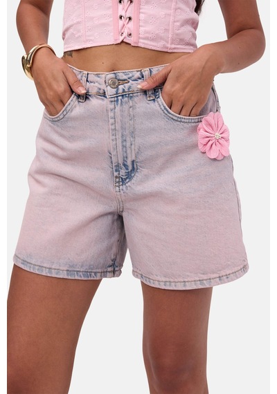 it's basic Kadın Kot Pembe 4s6-9 Mom Relax Gül Ve Nakış Detaylı Özel Tasarım Denim Şort