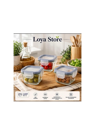 Loya Store 365+ Cam Saklama Kabı 180 Ml Kare 3 Lü Set Şeffaf Şeffaf