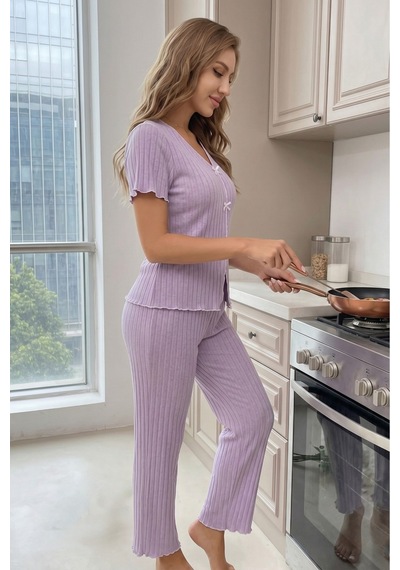 Bella Notte Lila Kısa Kollu V Yaka Pamuklu Fiyonklu Pijama Takımı