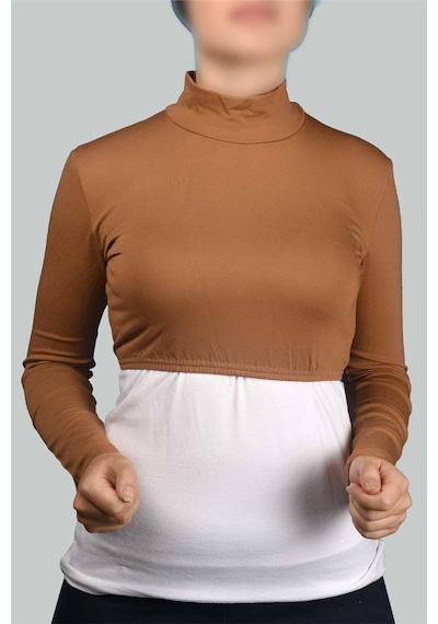 Altobeh Uzun Kol Balıkçı Yaka Boğazlı Likralı Penye Kadın Yarım Body - Taba