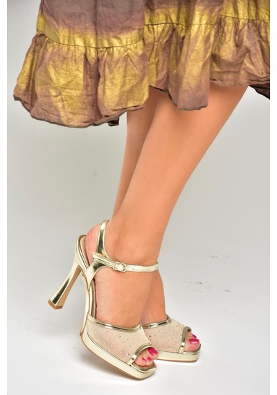 Fox Shoes U569921409 Altın File Detaylı Kalın Topuklu Abiye Ayakkabı Altın