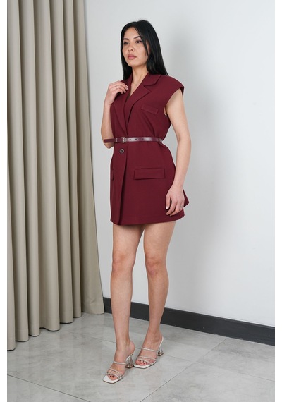 Rawea Kemerli Şal Yaka Blazer Yelek - Oversize & Pamuklu Bordo