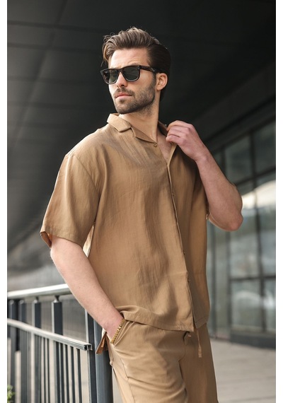 Madmext Camel Tensel Kumaş Erkek Şort Gömlek Takım E7352 Camel