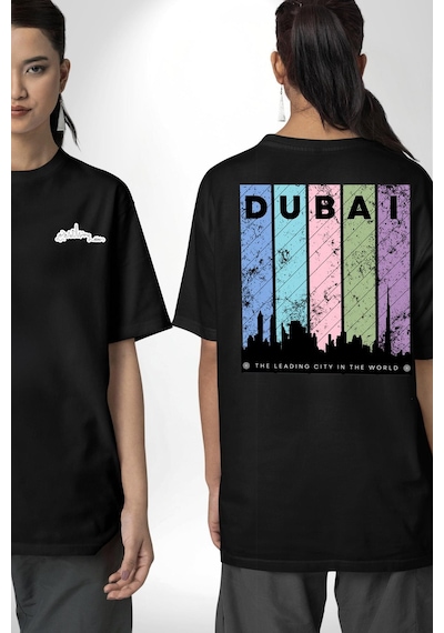 Dubai Şehir Silüeti Renkli Şehir Siyah Oversize Unisex Ön Ve Sırt Baskılı Tişört Siyah