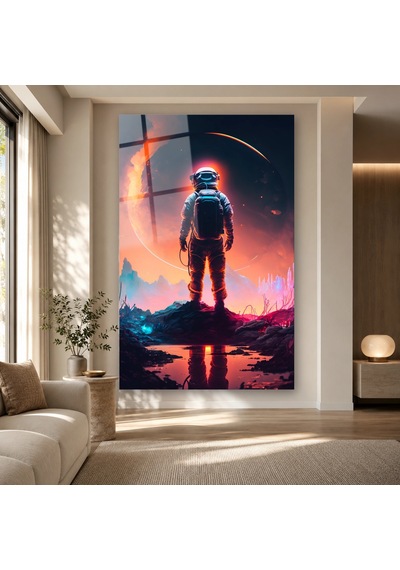 Kızıl Gezegende Duran Astronot Çerçevesiz Cam Tablo