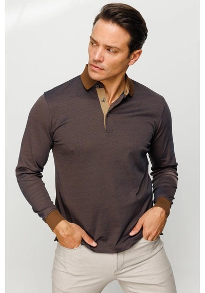 Desen Triko Erkek Polo Yaka Jakarlı Minik Desenli Sweatshirt Kahve Kahve