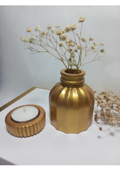 İnce Çizgili Vazo - Modern & Minimal Dekoratif Obje, Salon Ve Ofis Çiçeklik, Antiquity Gold Kahverengi