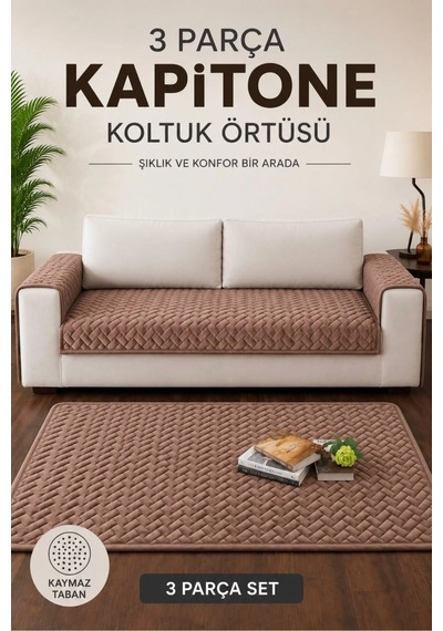 3 Parça Kaymaz Taban Kapitone 3'lü Koltuk Örtüsü Çekyat Kanepe Seti 90x200 Kahverengi Kahverengi