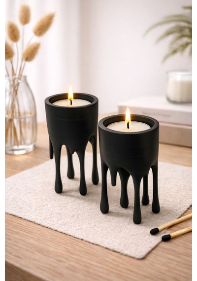 Exepazar Eriyen Form Tasarımlı Modern Dekoratif Tealight Mumluk Seti 2 Adet Mumluk Ve 2 Adet Tealight Siyah