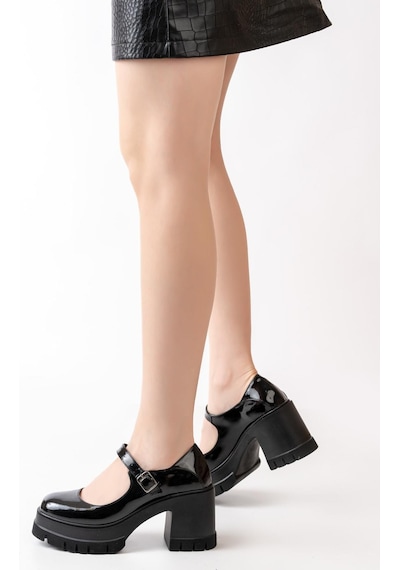 Asmi Shoes Tek Baletli Neon 8 Cm Topuklu Platformlu Loafer Ayakkabı Siyah Rugan Siyah