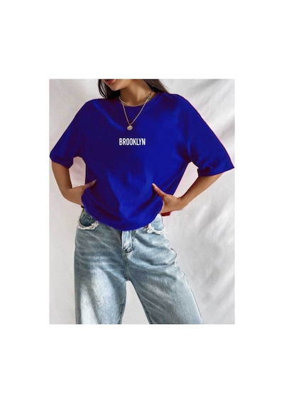 Medinenur Brooklyn Baskılı Unisex Bisiklet Yaka T-shirt Mavi