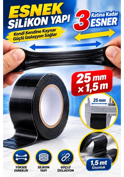 Kendinden Kaynayan Silikon Tamir Bandı Siyah 25 Mm 1,5 M 3 Kat Esnek, 8000 V Yalıtım