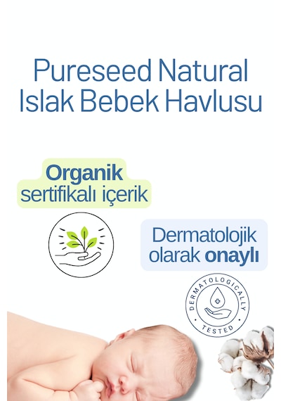 Pureseed Natural Organik İçerikli %99 Saf Su Bebek Islak Havlusu 12x60 12'li Set