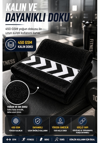 Siyah 30x100 Cm %100 Pamuk 450 Gsm Spor Havlusu Fitness Gym Boks Tenis Golf Yüz Havlusu Yıkanabilir