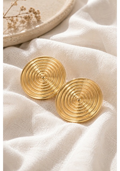 Kadın Gold Spiral Desenli Büyük Küpe Parlak Gold Yuvarlak Stateme Altın