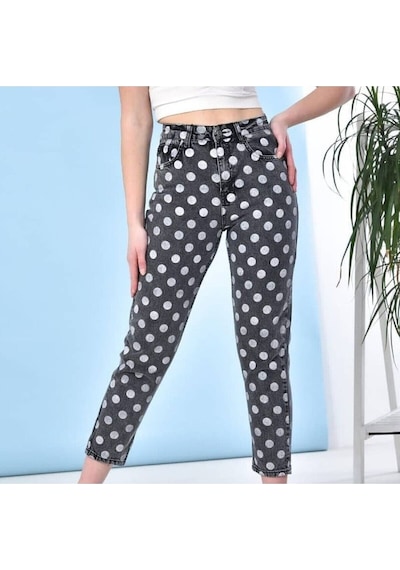 2006-pua Kadın Likrasız Puantiyeli Mom Jeans Kot Denim Pantolon Siyah