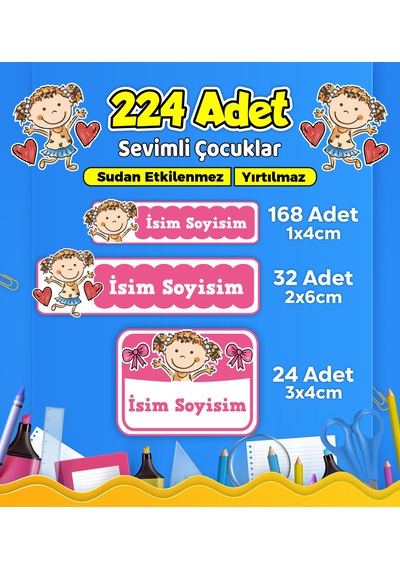 Sevimli Çocuklar Temalı Okul Kreş Kişiye Özel İsim Etiket Seti - Model 622 Çok Renkli