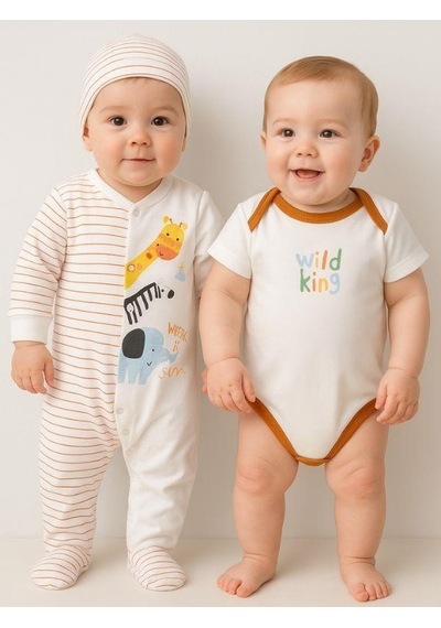 Zekids 3 Lü Organik Bebek Safari Desenli Şapkalı Tulum Seti-16187 Çok Renkli