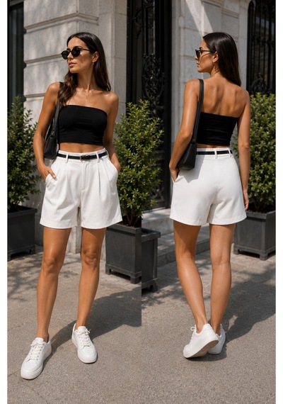 Winmoda34 Kadın Şehir Boyu Casual Şort 43 Cm Tam Boy Kemer Hediyeli Trend Model Beyaz