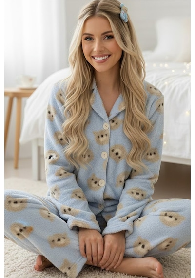 Siyah İnci Düğmeli Wellsoft Pijama Takım 7922 mavi