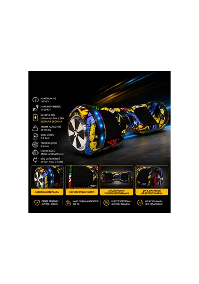 Hoverboard 6.5 İnç Led Işıklı Taşıma Kollu 36v 5.2ah Elektrikli Kaykay Sarı