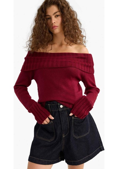 Defacto Slim Fit Dar Kesim Açık Omuz Kazak E8345ax25wnbr456 Bordo