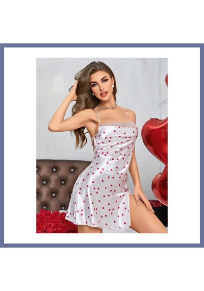 Bezos Kadın Beyaz Fuşya Kalp Desenli Saten Gecelik 2219 Beden: S/m Renk: Beyaz Dlra
