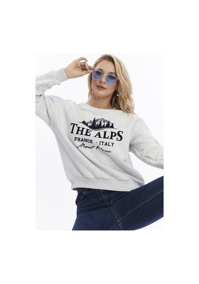 Gidia Kadife The Alps Desenli Gri Melanj Yumuşak Dokulu Regular Fit Bisiklet Yaka Kadın Sweatshirt Grimelanj