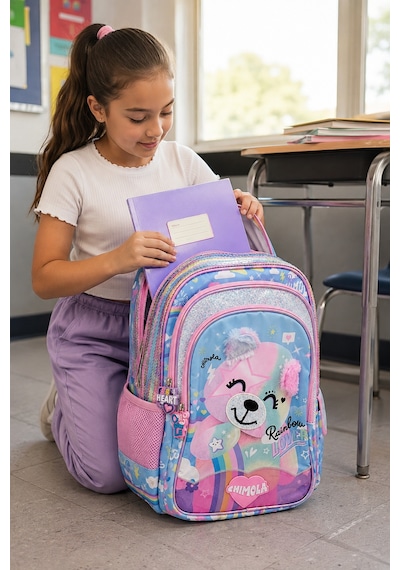 Okul Sırt Çantası Pembe Cute Cat Bear 3 Bölmeli Ortopedik Matara Cepli 42x27x18cm Çok Renkli