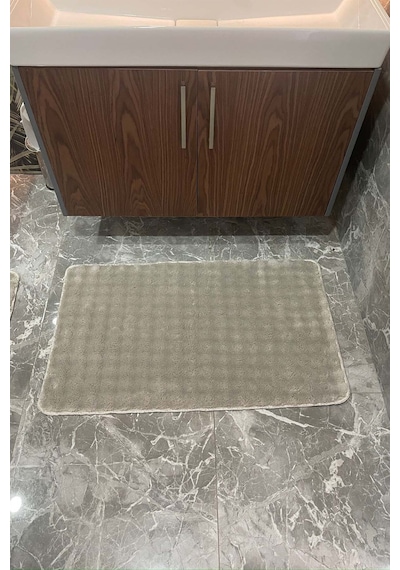 Modern Bubble Yıkanabilir Kaymaz Peluş Banyo Paspası Halısı 2'li Klozet Takımı 60x100 Ve 50x60 Kum