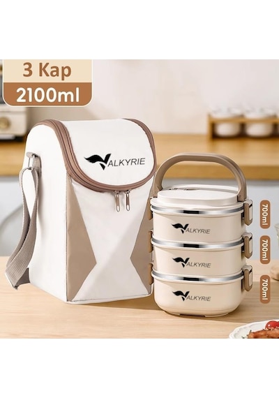 Valkyrie 3 Katlı Yemek Kabı 2100 Ml Termal Çantalı Lunch Box, 304 Paslanmaz Çelik, Bpa İçermez Krem