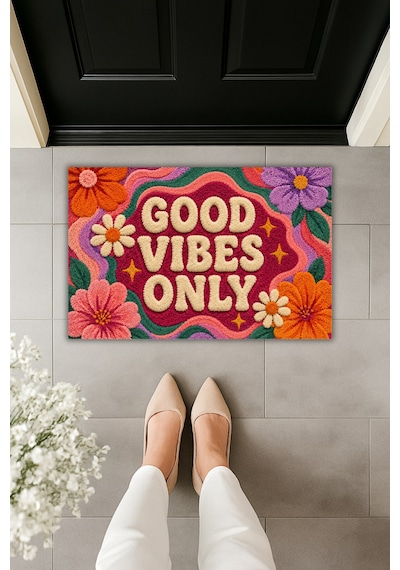 Rugmood Good Vibes Only Retro Çiçek Desenli Kapı Önü Paspası 70x45 Cm Dijital Baskılı Kaymaz Taban Çok Renkli