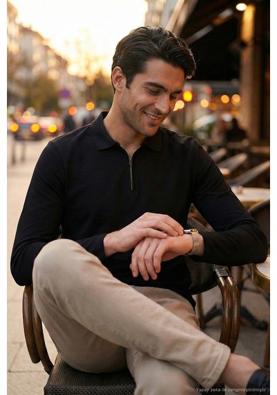 Buratti Pamuklu Slim Fit Yarım Fermuarlı Polo Yaka Erkek Sweat 5903010 Siyah