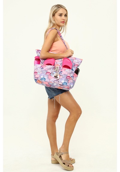 İcone Bag Kadın Çantası, Fonksiyonel Baskılı Plaj Çanta, Beach Bag, Karpuz Tropical Desenli Fermuarlı Çanta Mavi - Kırmızı