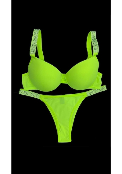 V. Secret Yazılı Taşlı Destekli Sütyen Takım Neon Yeşili