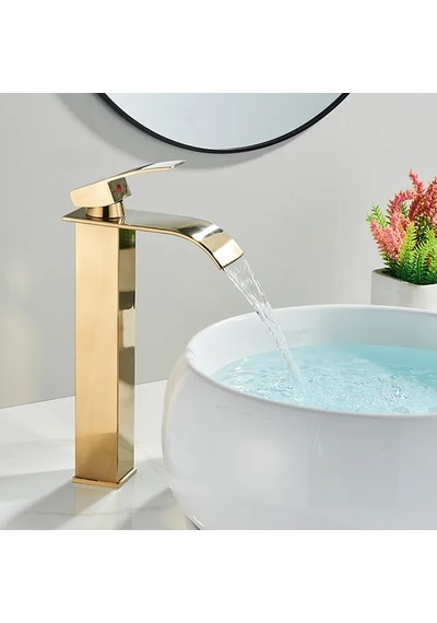 Rena Desıgn Mat Gold Çanak Lavabo Bataryası Oval Çıkış Yüksek Havza Model Uzun Çift Giriş Altın Musluk Banyo Mat Altın