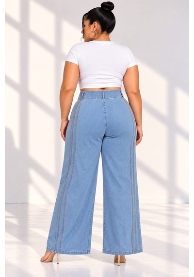 Büyük Beden Denim Taşlı Yüksek Bel Bol Paça Kadın Pantolon Mavi