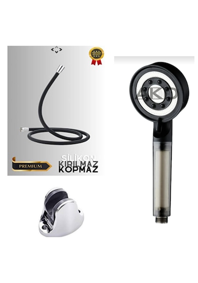 Özbest Silikonlu 150 Cm Duş Hortumu Filtreli Duş Başlık Mafsl Set Siyah