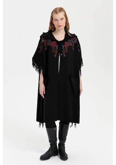 Desen Triko Kadın Kapüşonlu Nakış İşlemeli Yanı Püsküllü Panço Siyah Siyah