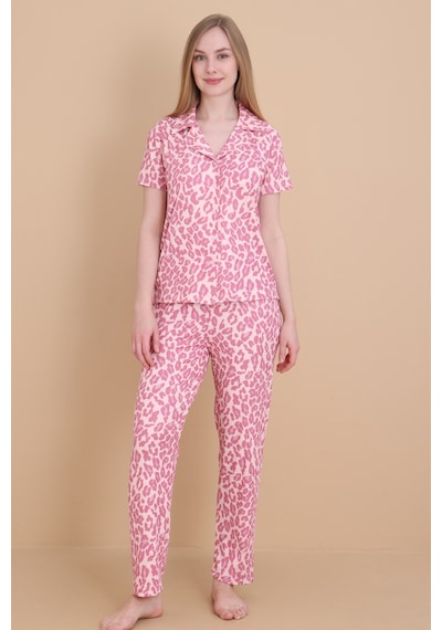 Wordex Mirano 9510-26 Desenli Pegasus Kumaş Düğmeli Kısa Kolu Kadın Pijama Takımı Pembe