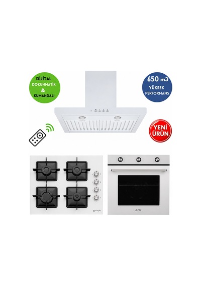 Eminçelik Ve AFM Tech Raıno 12 226 EK - FM7601 - FM3501W Turbolu Cam Beyaz Ankastre Set